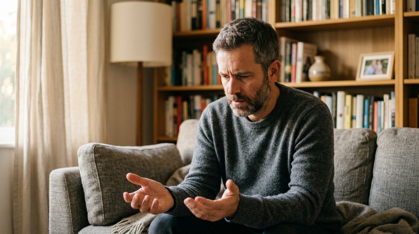 A man on a sofa looking puzzled, describing his experience with thyroid brain fog.