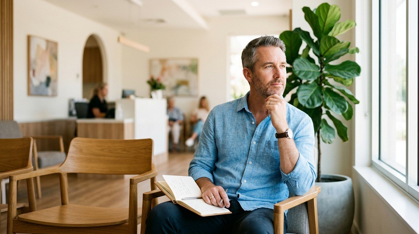 A man waiting in a clinic to discuss symptoms of prozac brain fog with his doctor.