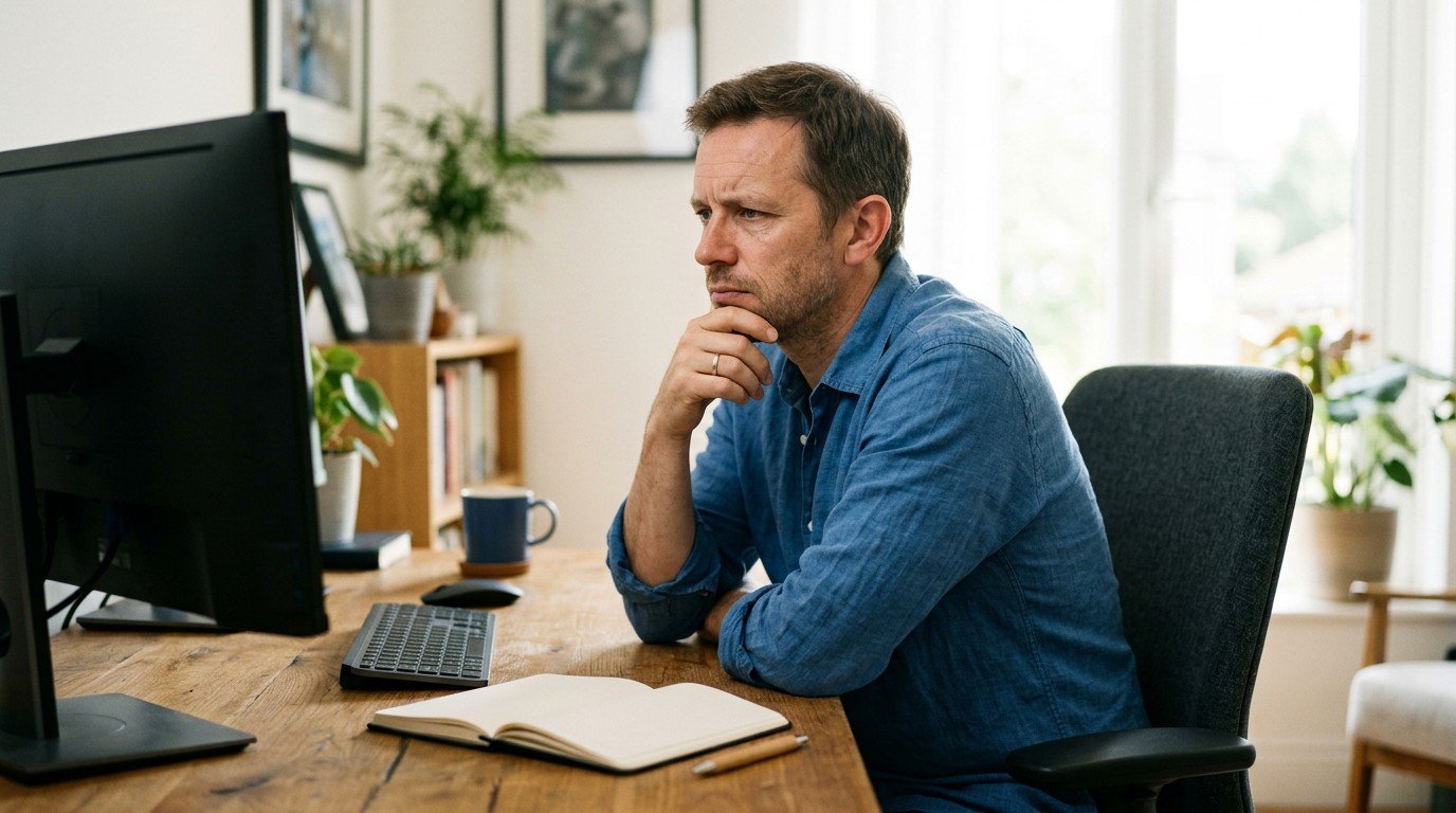 An office worker pauses at his desk while dealing with ms brain fog during the day.