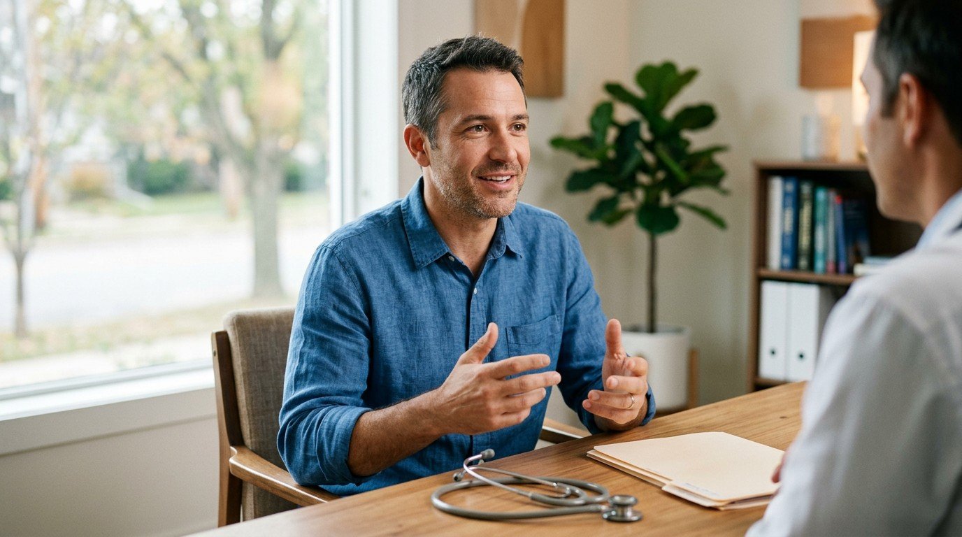 A man talks with his doctor about his experience with lupus brain fog during an appointment.