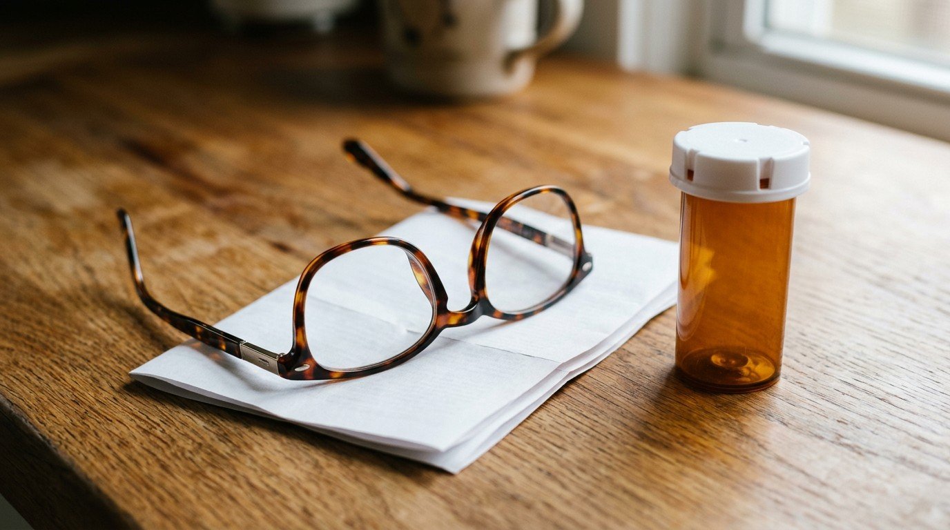 A close up of reading glasses and a prescription pamphlet discussing symptoms like lexapro brain fog.