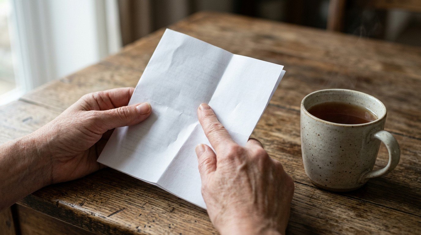 Hands holding a prescription leaflet to research side effects of adderall brain fog on a wooden table.