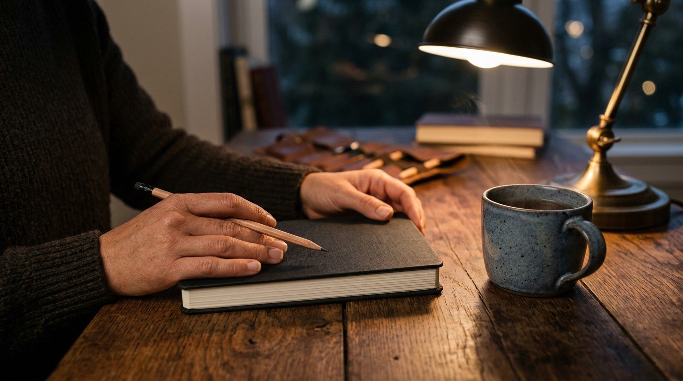 Hands resting on a closed notebook beside a mug, a quiet way to track lupus brain fog.