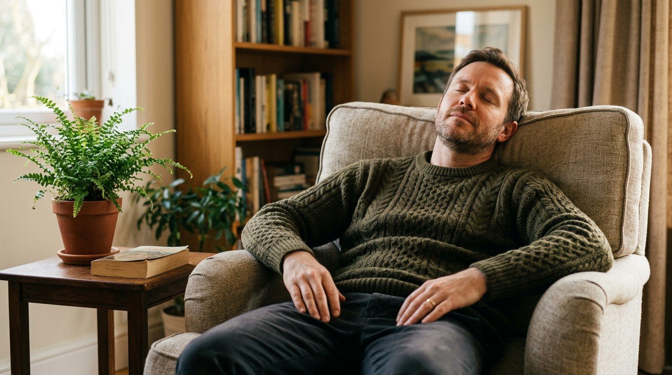 A man rests quietly in an armchair to recover from cognitive fatigue after a long day.