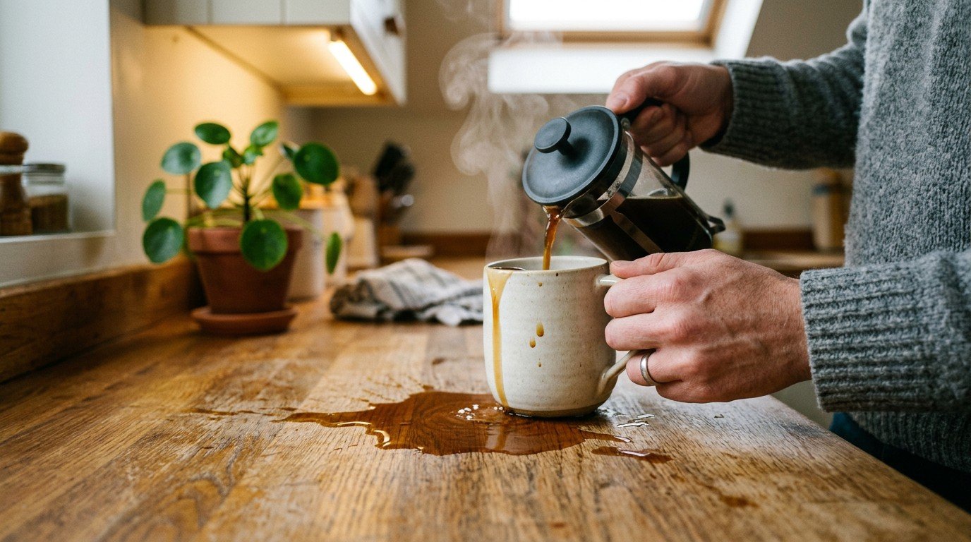 A close up of spilled coffee on a counter, illustrating the clumsy effects of morning brain fog.