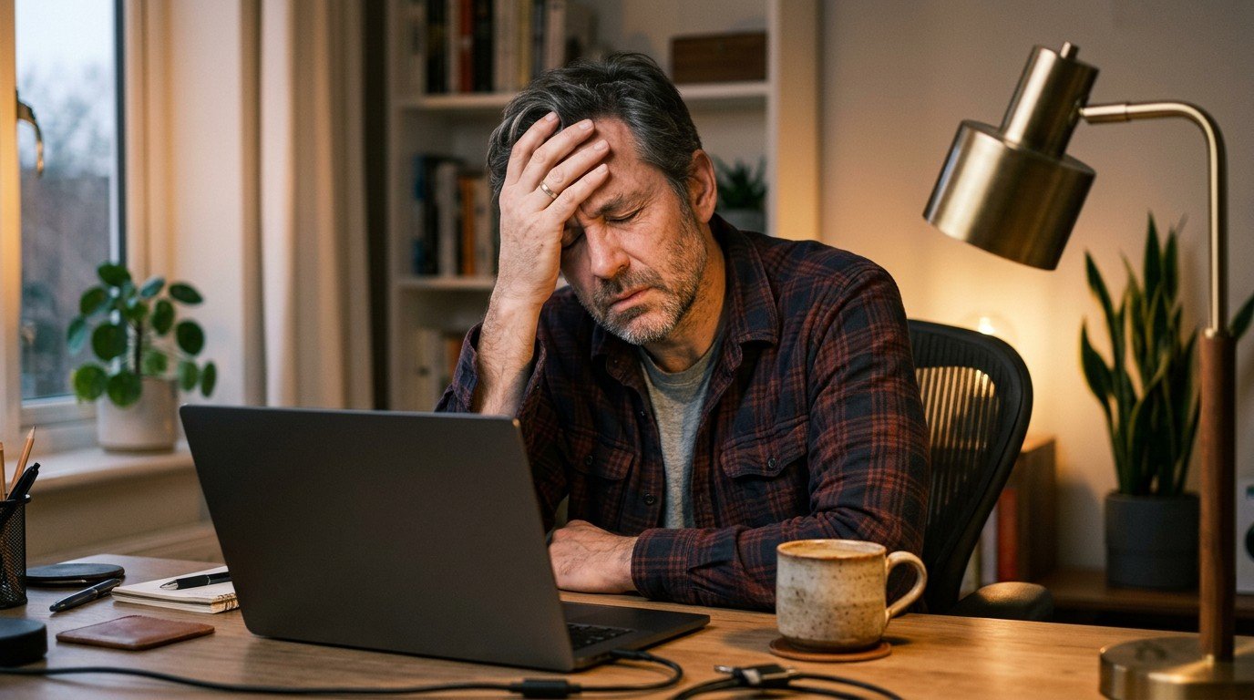 A tired man rests his head at his desk, struggling with allergies and brain fog after poor sleep.