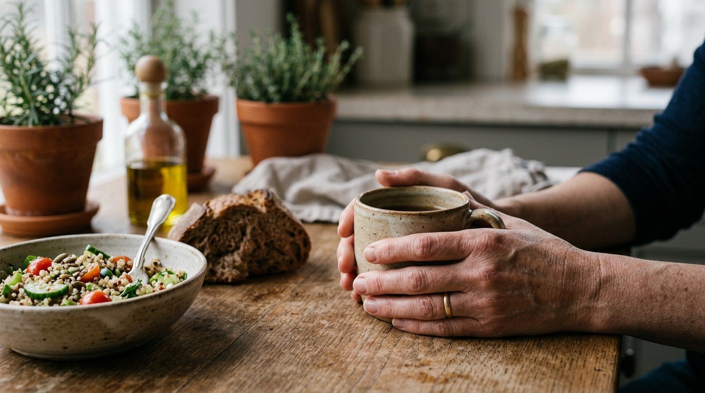 Hands holding a warm mug next to an unfinished meal, illustrating brain fog after eating.