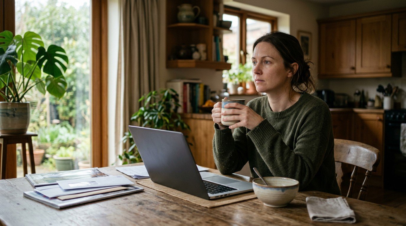 A woman sitting at a dining table staring thoughtfully, illustrating the slow thinking of prozac brain fog.