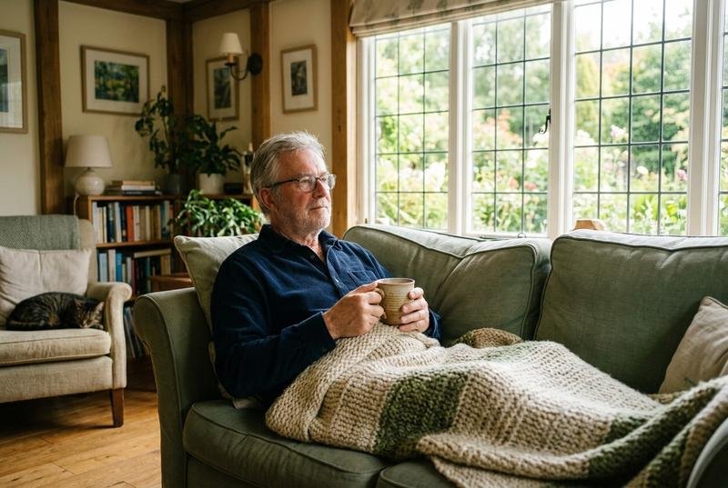 A man resting on a sofa with a mug of tea, taking the morning slowly