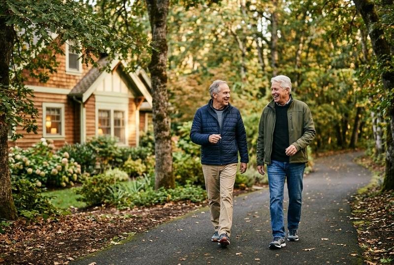 Two men in their sixties walking briskly along a tree-lined path in the morning