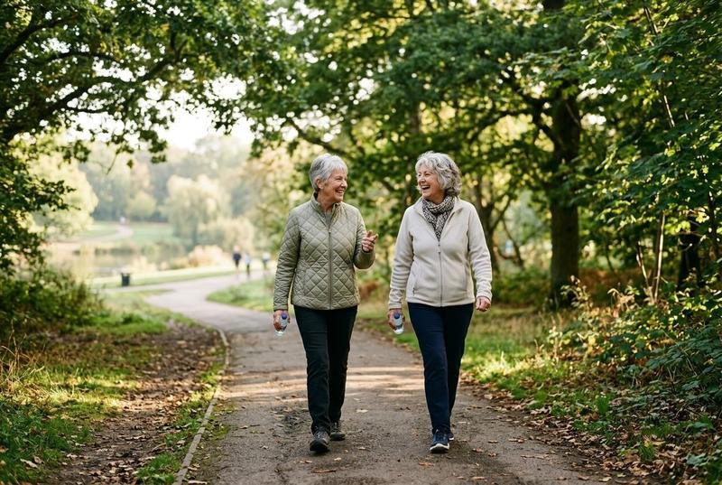 Two women in their sixties walking briskly along a tree-lined path in the morning