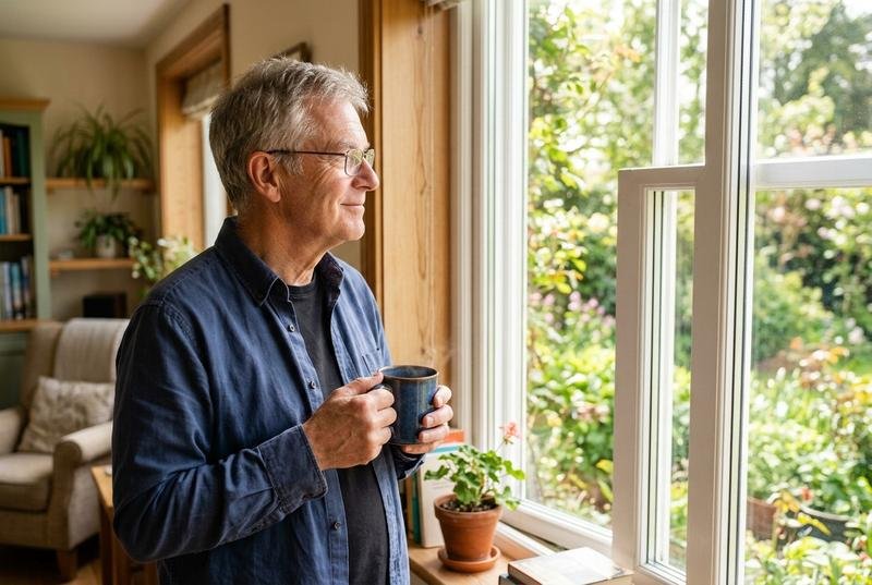 A man with grey hair and reading glasses holding a warm mug at a bright window