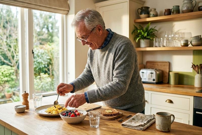 A man plating a balanced breakfast at a bright kitchen counter