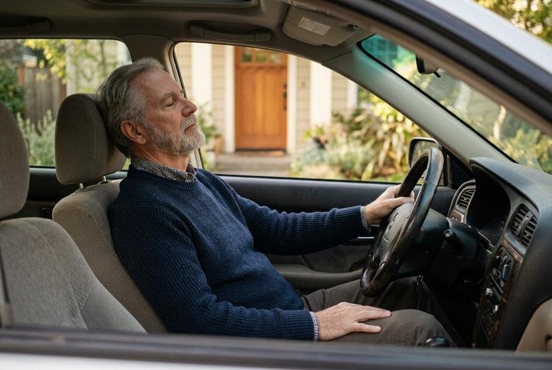 A man sitting in a parked car with his eyes closed, taking a slow breath