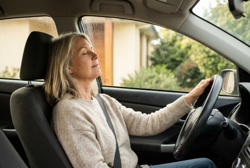 A woman sitting in a parked car with her eyes closed, taking a slow breath